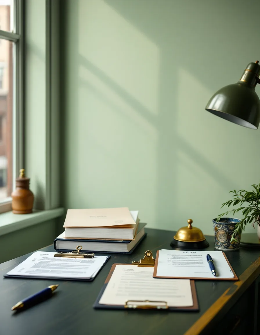 The Eddyquill desk by the window on 57th Street, with tabbed patent specifications, a transmittal sheet and a certification seal laid out for the next file
