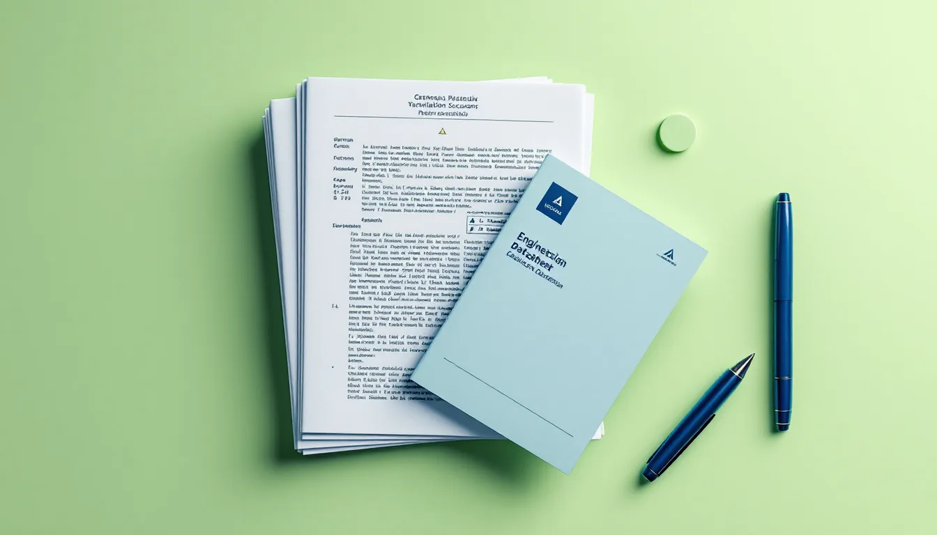 Bound patent specification, Japanese safety manual and Spanish datasheet stacked beside a navy fountain pen and an embossed certification seal