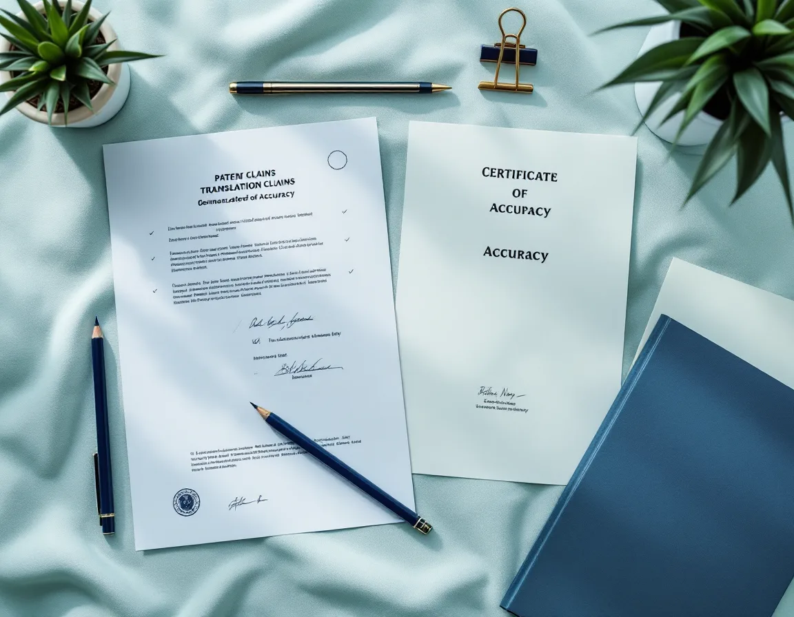 A completed delivery laid out on a desk: German claims with pencil ticks, a glossary printout and a signed certificate of accuracy with an embossed seal