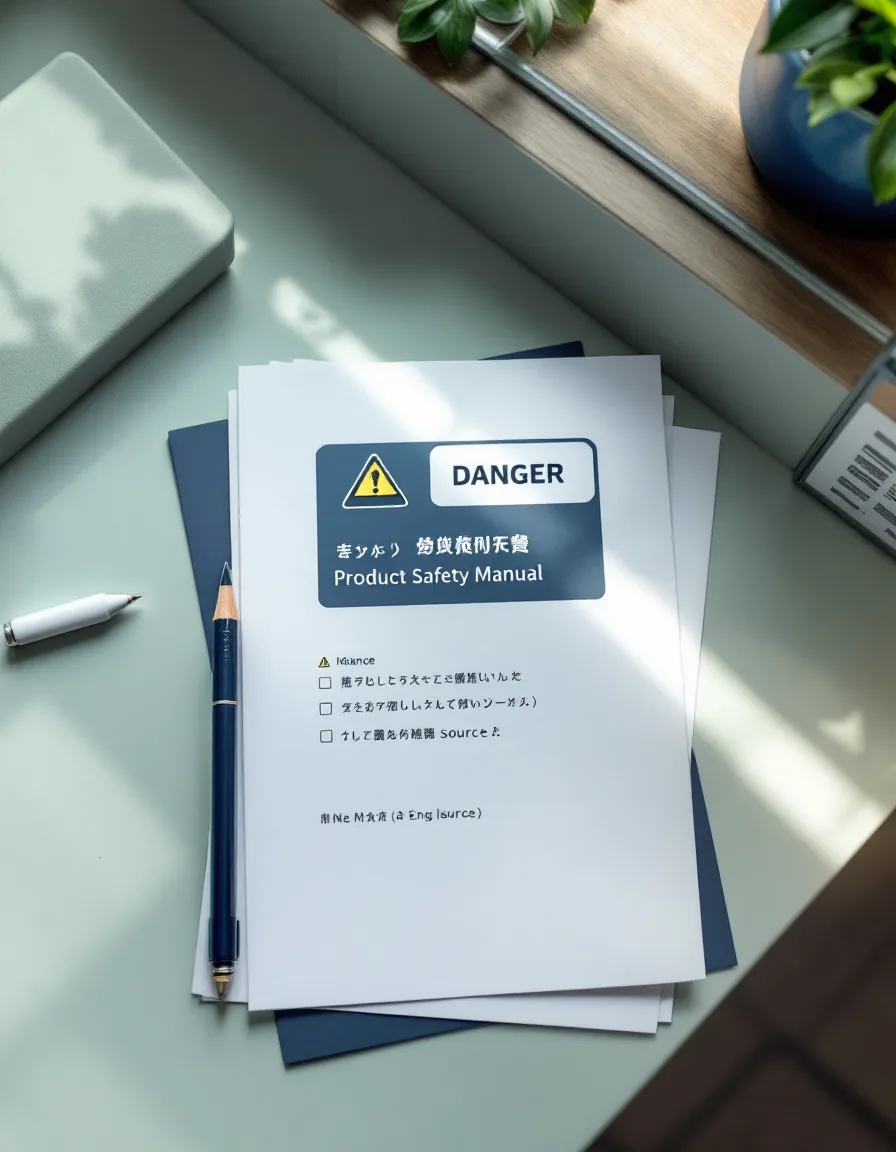 A Japanese safety manual page with a boxed danger warning, checked in navy pencil against its English source